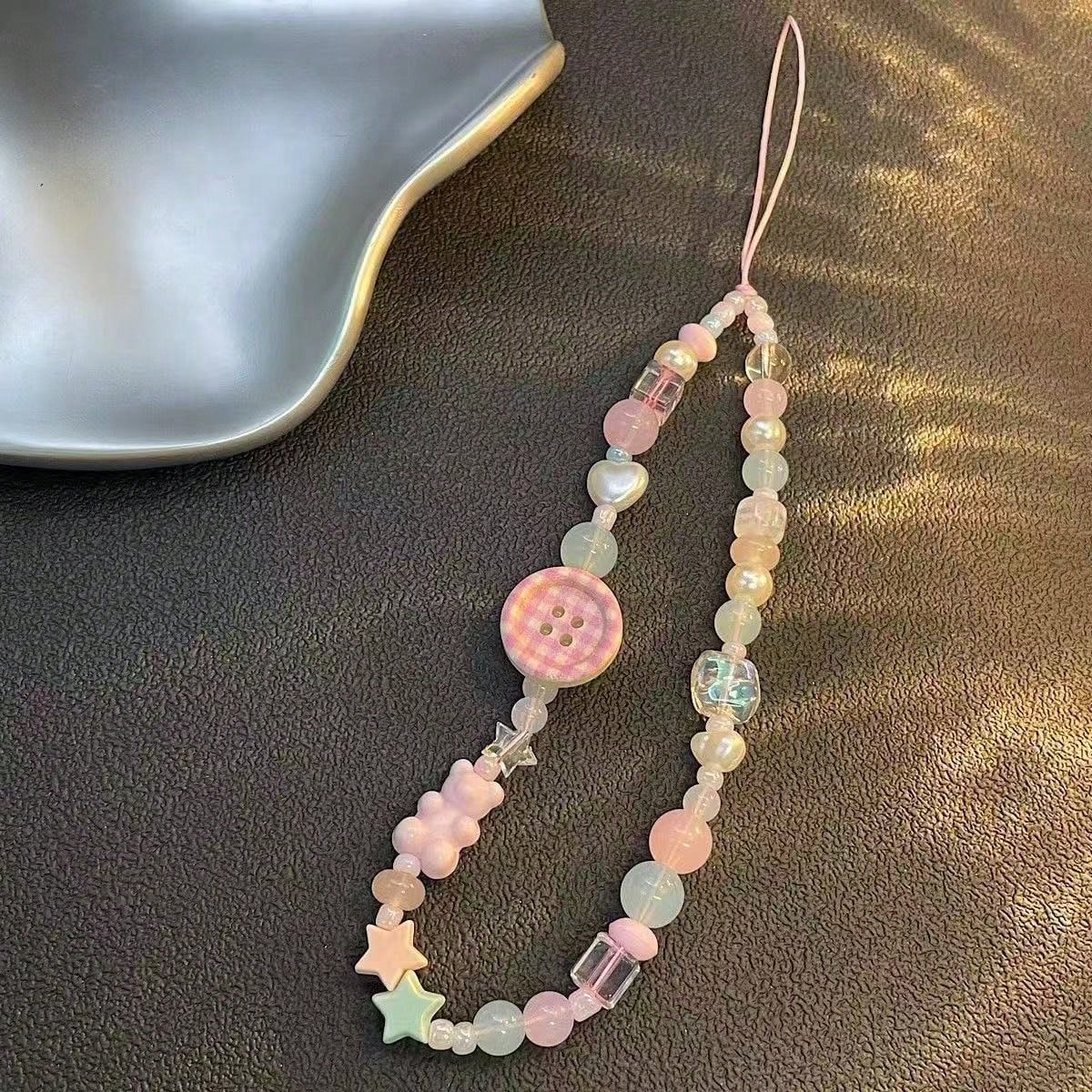 Sweet Plaid Button Beaded Phone Lanyard, Decorated With Heart, Bow, Bear And Other Cute Accessories, Pink Tone Soft Girl Style. Handmade With Transparent Texture, Exquisite And Versatile Design, Can B