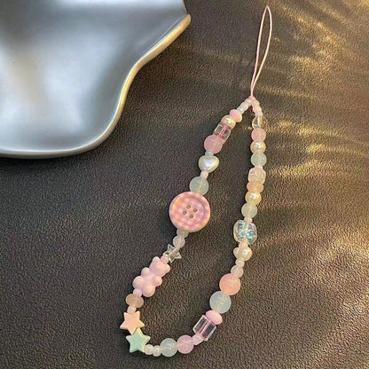 Sweet Plaid Button Beaded Phone Lanyard, Decorated With Heart, Bow, Bear And Other Cute Accessories, Pink Tone Soft Girl Style. Handmade With Transparent Texture, Exquisite And Versatile Design, Can B