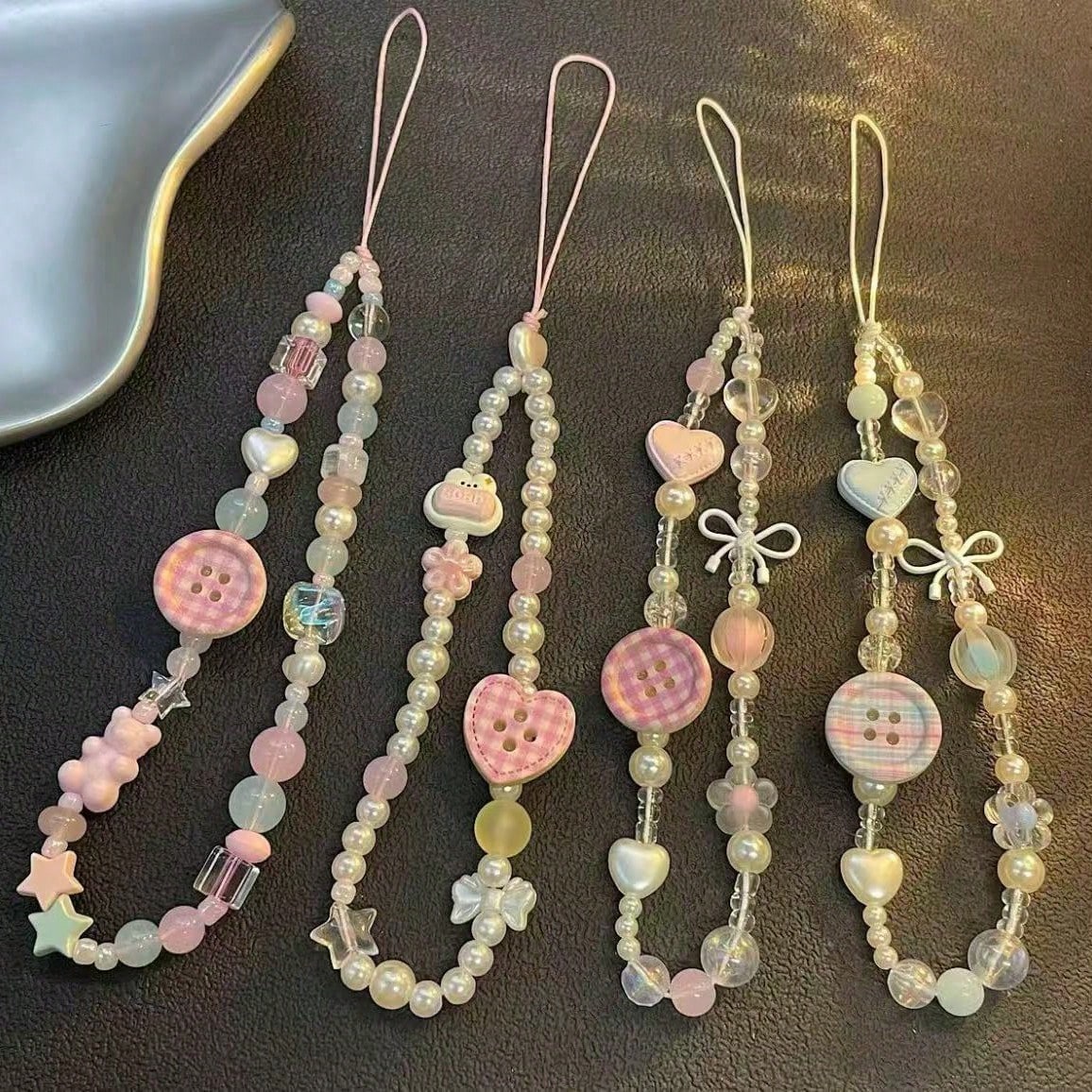 Sweet Plaid Button Beaded Phone Lanyard, Decorated With Heart, Bow, Bear And Other Cute Accessories, Pink Tone Soft Girl Style. Handmade With Transparent Texture, Exquisite And Versatile Design, Can B