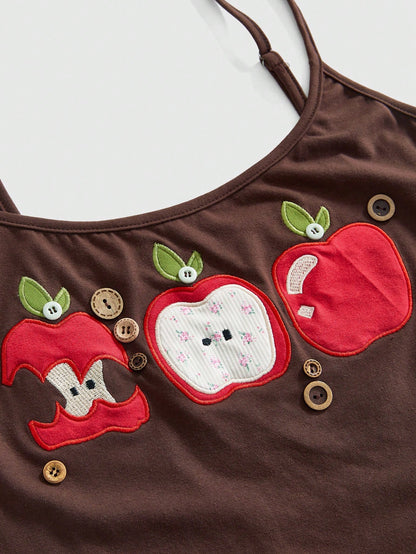 Sweetness Millennium Vintage Spring/Summer Basic Versatile Apple Embroidered Floral Button Decor Plus Size Camisole Top
