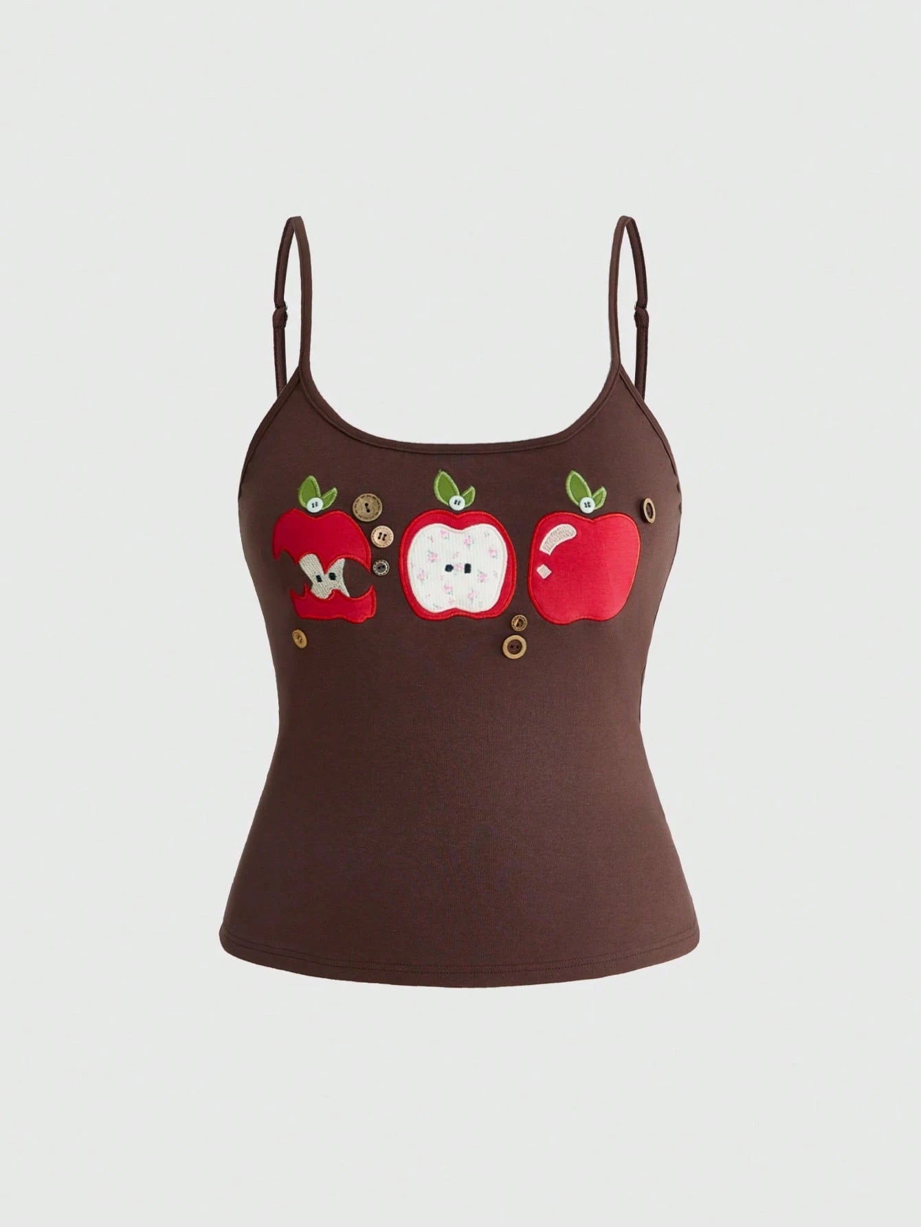Sweetness Millennium Vintage Spring/Summer Basic Versatile Apple Embroidered Floral Button Decor Plus Size Camisole Top