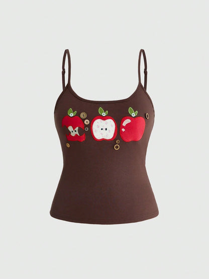 Sweetness Millennium Vintage Spring/Summer Basic Versatile Apple Embroidered Floral Button Decor Plus Size Camisole Top