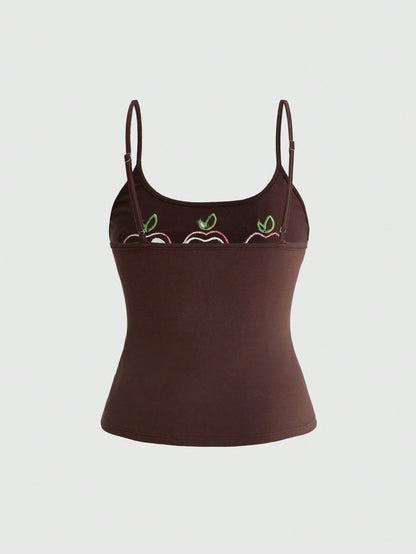 Sweetness Millennium Vintage Spring/Summer Basic Versatile Apple Embroidered Floral Button Decor Plus Size Camisole Top