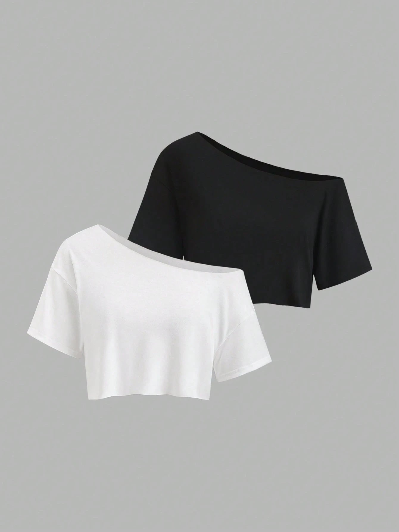 Sweetra 2pcs/Set New Summer Asymmetrical Shoulder Casual Loose Comfortable Commuting Fashionable Versatile Short Sleeve White And T-Shirts