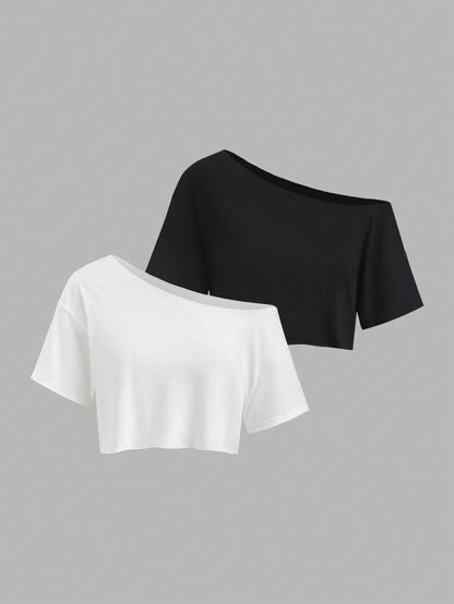Sweetra 2pcs/Set New Summer Asymmetrical Shoulder Casual Loose Comfortable Commuting Fashionable Versatile Short Sleeve White And T-Shirts