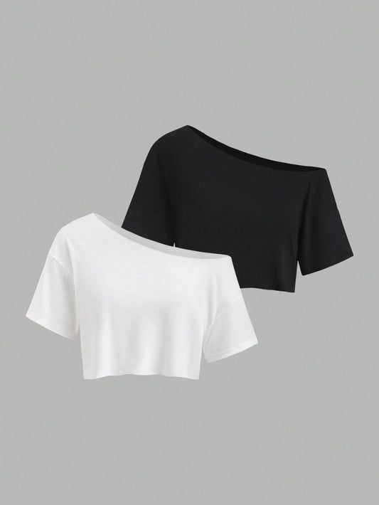 Sweetra 2pcs/Set New Summer Asymmetrical Shoulder Casual Loose Comfortable Commuting Fashionable Versatile Short Sleeve White And T-Shirts