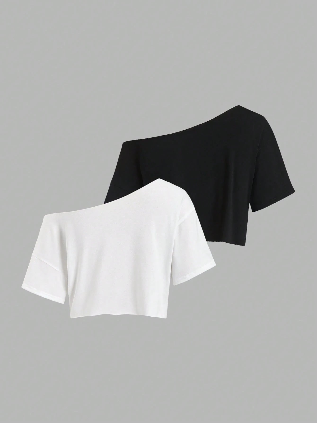 Sweetra 2pcs/Set New Summer Asymmetrical Shoulder Casual Loose Comfortable Commuting Fashionable Versatile Short Sleeve White And T-Shirts
