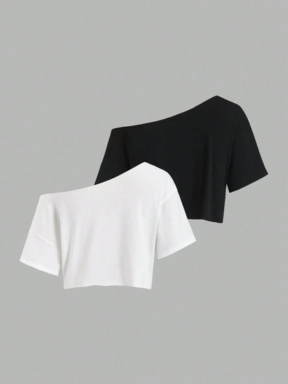 Sweetra 2pcs/Set New Summer Asymmetrical Shoulder Casual Loose Comfortable Commuting Fashionable Versatile Short Sleeve White And T-Shirts