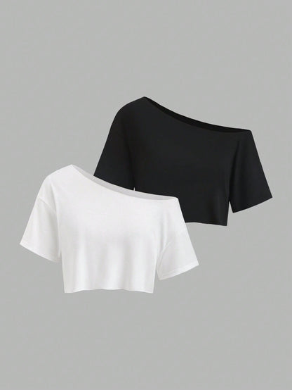 Sweetra 2pcs/Set New Summer Asymmetrical Shoulder Casual Loose Comfortable Commuting Fashionable Versatile Short Sleeve White And T-Shirts