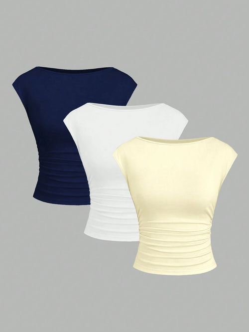 Sweetra 3pcs/Set Sexy Backless Breathable Moisture-Wicking Fitted Short Sleeve Top/T-Shirt For Women