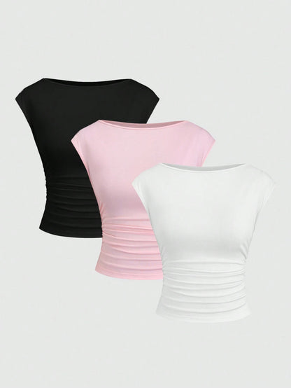 Sweetra 3pcs/Set Sexy Backless Breathable Moisture-Wicking Fitted Short Sleeve Top/T-Shirt For Women