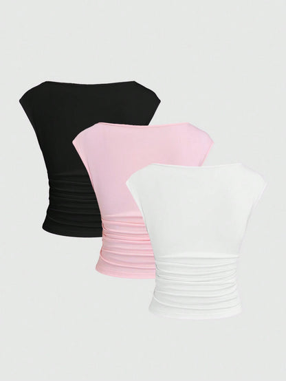 Sweetra 3pcs/Set Sexy Backless Breathable Moisture-Wicking Fitted Short Sleeve Top/T-Shirt For Women