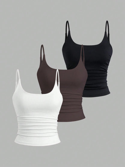 Sweetra 3pcs/Set Women's Spaghetti Strap Square Neck Cami Tops,Black And White,Summer,Basics,Everyday Versatile Casual Daily Camisole Tank Tops 3 Pack