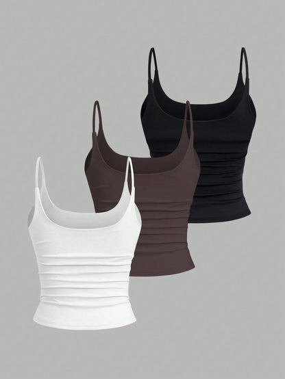 Sweetra 3pcs/Set Women's Spaghetti Strap Square Neck Cami Tops,Black And White,Summer,Basics,Everyday Versatile Casual Daily Camisole Tank Tops 3 Pack