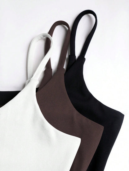 Sweetra 3pcs/Set Women's Spaghetti Strap Square Neck Cami Tops,Black And White,Summer,Basics,Everyday Versatile Casual Daily Camisole Tank Tops 3 Pack