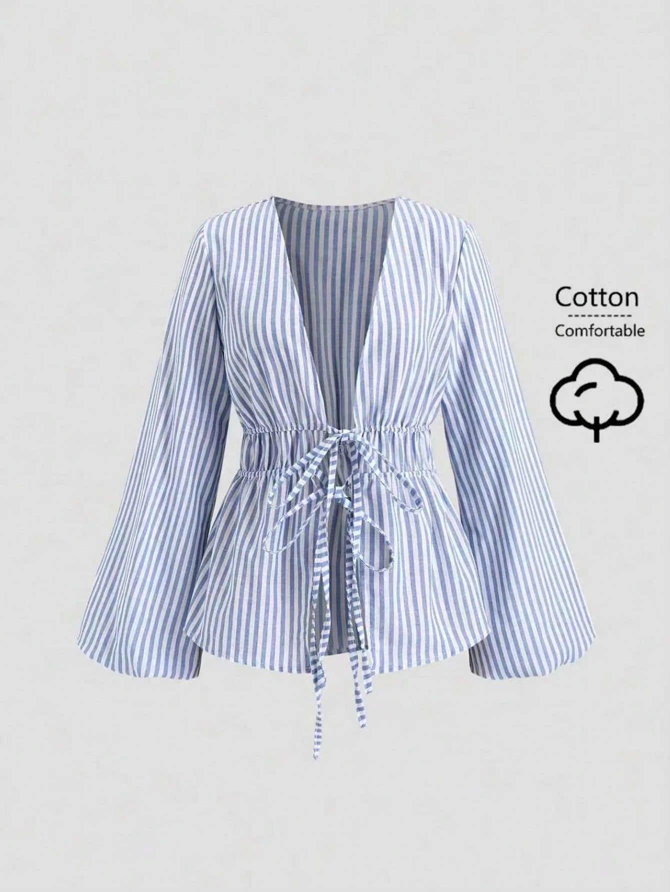 Sweetra Casual Striped Tie-Waist Bell-Sleeve Blouse For Work, Autumn Fall Cloth For Women