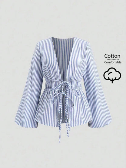 Sweetra Casual Striped Tie-Waist Bell-Sleeve Blouse For Work, Autumn Fall Cloth For Women
