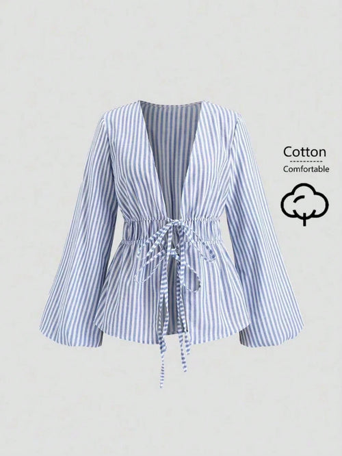 Sweetra Casual Striped Tie-Waist Bell-Sleeve Blouse For Work, Autumn Fall Cloth For Women