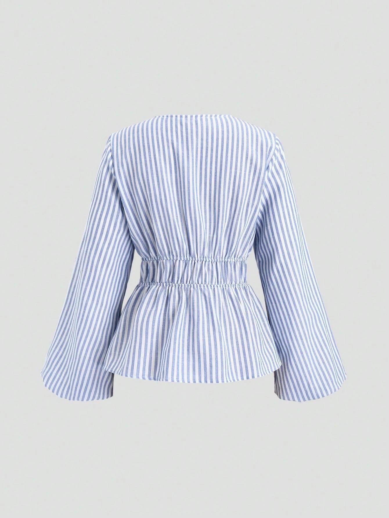 Sweetra Casual Striped Tie-Waist Bell-Sleeve Blouse For Work, Autumn Fall Cloth For Women