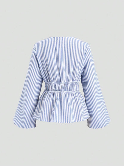 Sweetra Casual Striped Tie-Waist Bell-Sleeve Blouse For Work, Autumn Fall Cloth For Women