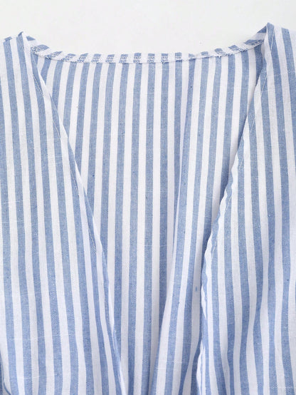 Sweetra Casual Striped Tie-Waist Bell-Sleeve Blouse For Work, Autumn Fall Cloth For Women