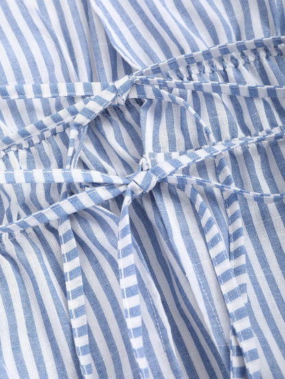 Sweetra Casual Striped Tie-Waist Bell-Sleeve Blouse For Work, Autumn Fall Cloth For Women