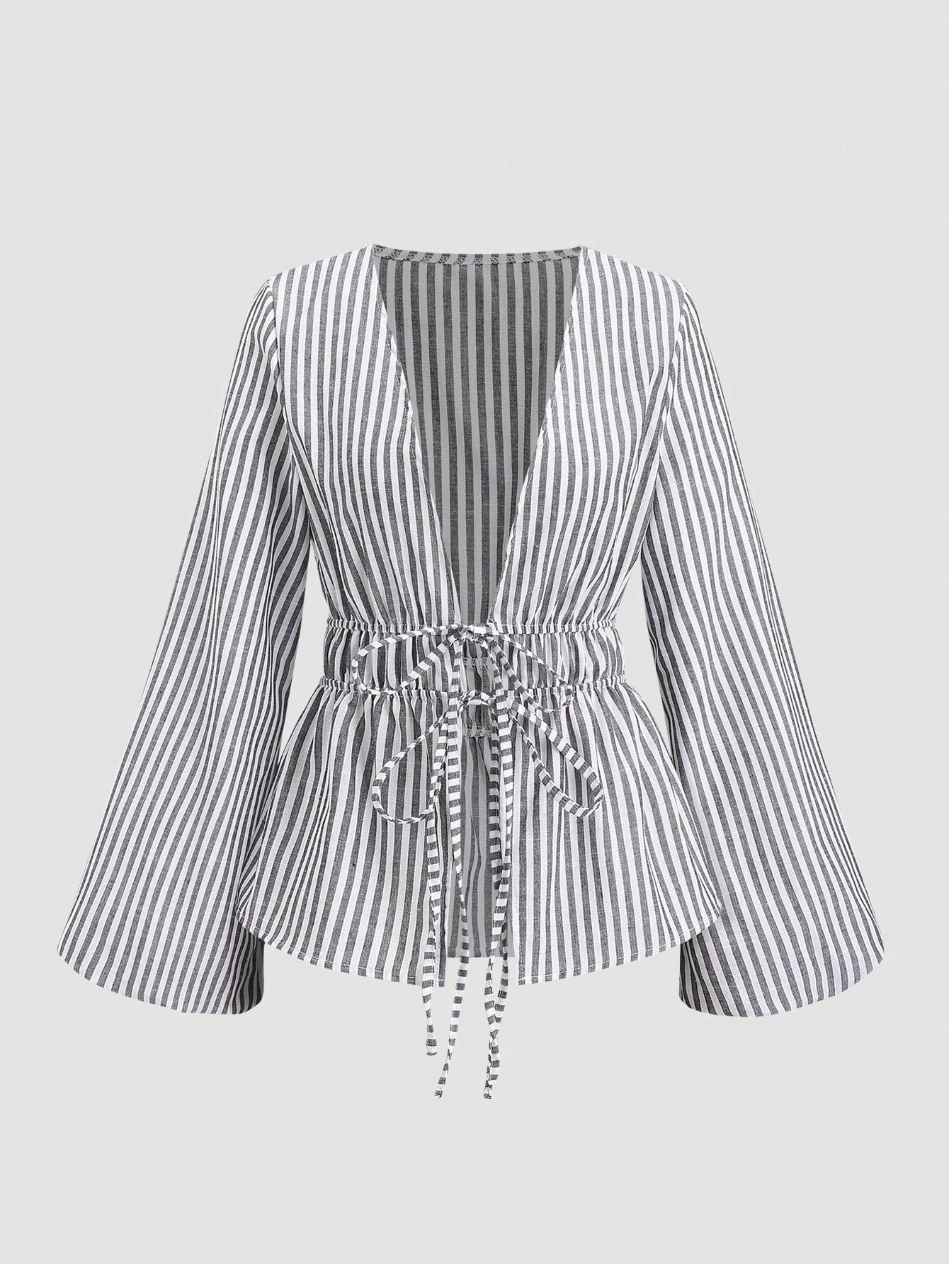 Sweetra Casual Striped Tie-Waist Bell-Sleeve Blouse For Work, Autumn Fall Cloth For Women