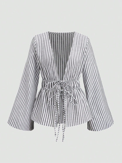 Sweetra Casual Striped Tie-Waist Bell-Sleeve Blouse For Work, Autumn Fall Cloth For Women
