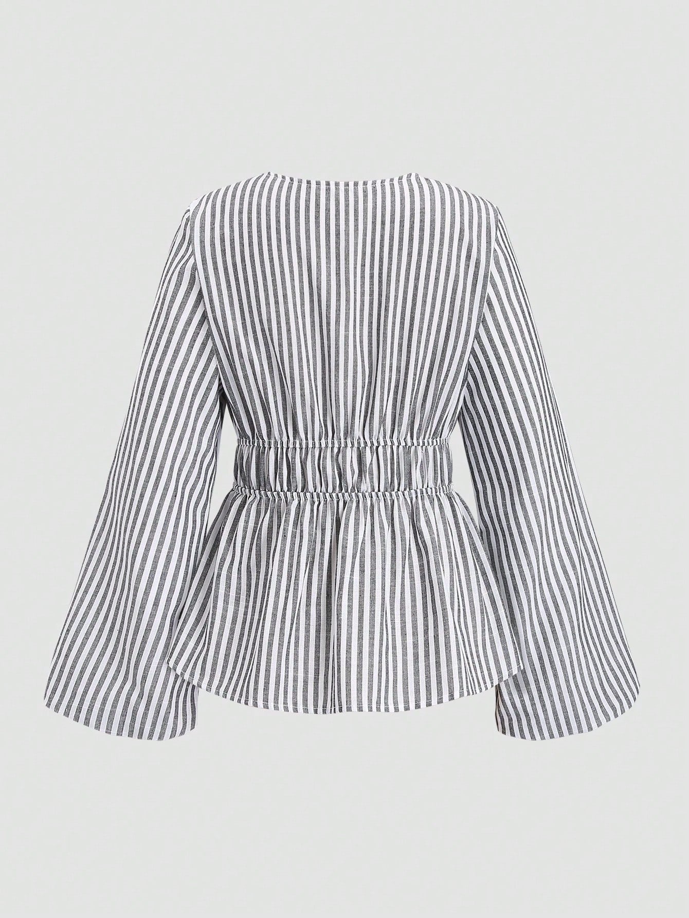 Sweetra Casual Striped Tie-Waist Bell-Sleeve Blouse For Work, Autumn Fall Cloth For Women