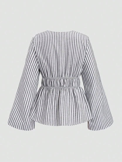 Sweetra Casual Striped Tie-Waist Bell-Sleeve Blouse For Work, Autumn Fall Cloth For Women