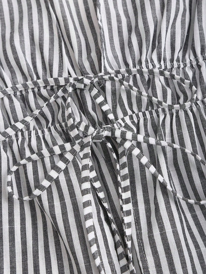 Sweetra Casual Striped Tie-Waist Bell-Sleeve Blouse For Work, Autumn Fall Cloth For Women