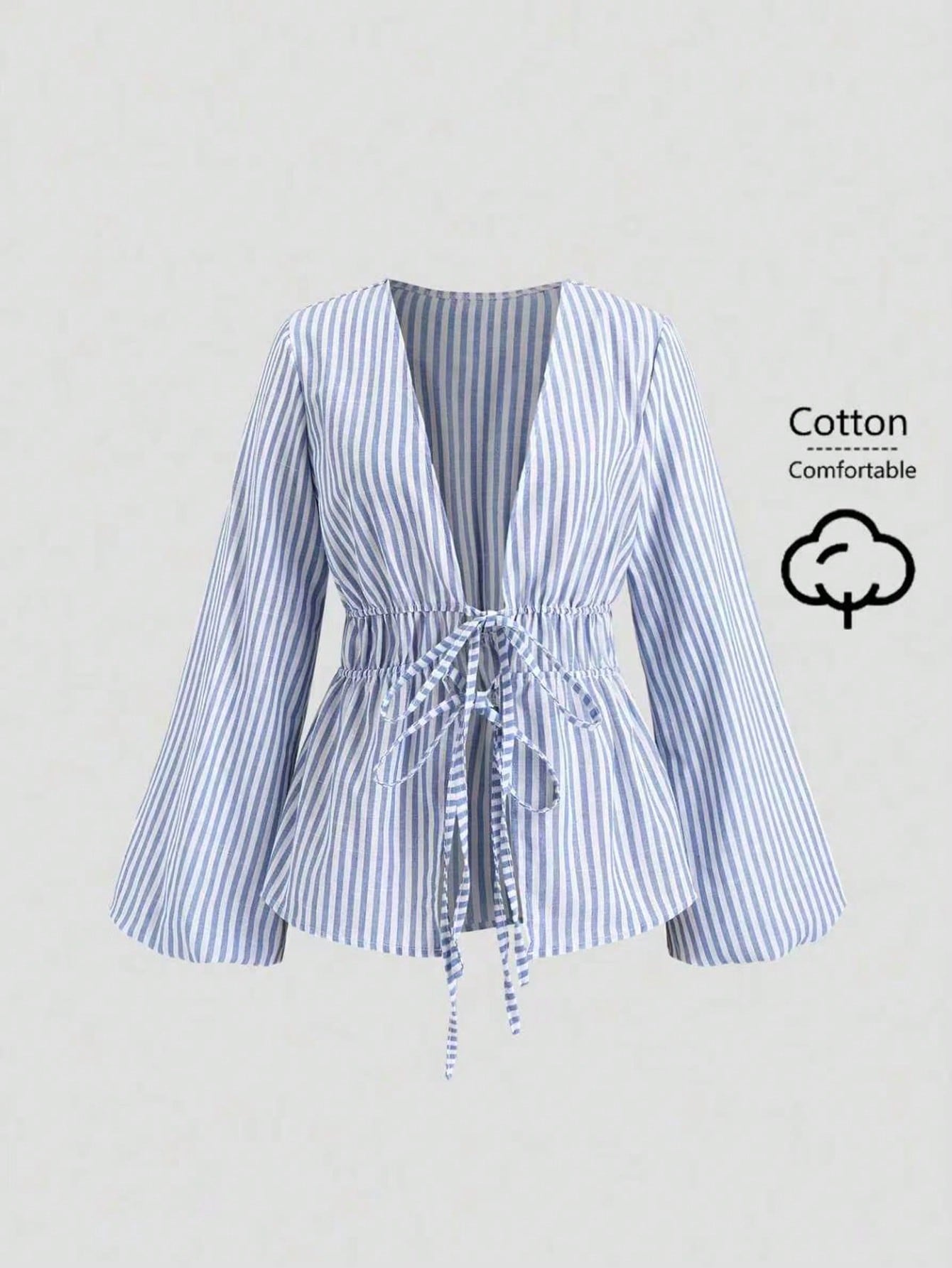 Sweetra Casual Striped Tie-Waist Bell-Sleeve Blouse For Work, Autumn Fall Cloth For Women