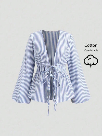 Sweetra Casual Striped Tie-Waist Bell-Sleeve Blouse For Work, Autumn Fall Cloth For Women