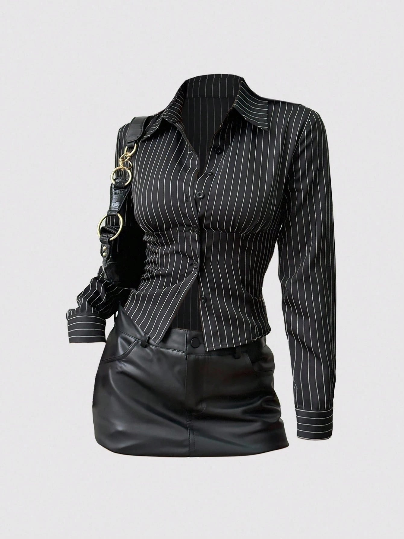 Sweetra Fashionable Contrast Color Textured Button Fitted Waist Flattering Striped Collar Long Sleeve Blouse For Women Fall Cloth For Women