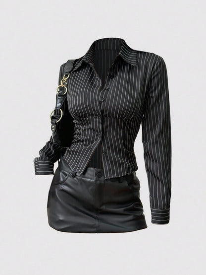 Sweetra Fashionable Contrast Color Textured Button Fitted Waist Flattering Striped Collar Long Sleeve Blouse For Women Fall Cloth For Women