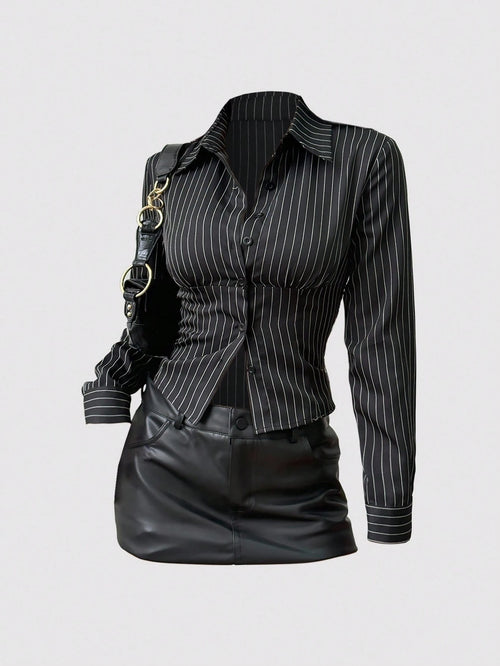 Sweetra Fashionable Contrast Color Textured Button Fitted Waist Flattering Striped Collar Long Sleeve Blouse For Women Fall Cloth For Women