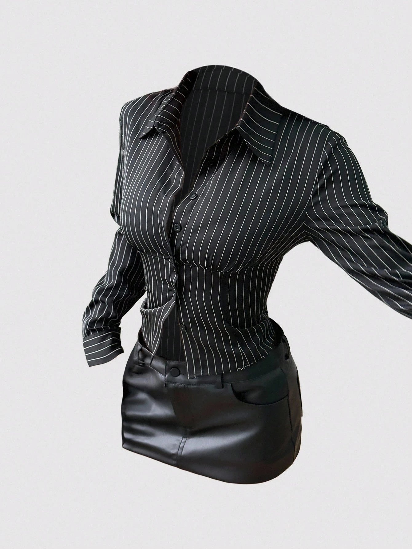 Sweetra Fashionable Contrast Color Textured Button Fitted Waist Flattering Striped Collar Long Sleeve Blouse For Women Fall Cloth For Women