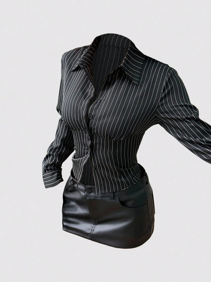 Sweetra Fashionable Contrast Color Textured Button Fitted Waist Flattering Striped Collar Long Sleeve Blouse For Women Fall Cloth For Women