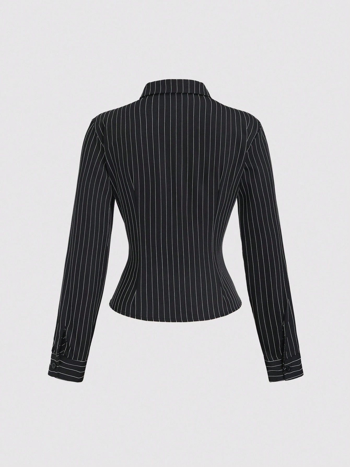 Sweetra Fashionable Contrast Color Textured Button Fitted Waist Flattering Striped Collar Long Sleeve Blouse For Women Fall Cloth For Women