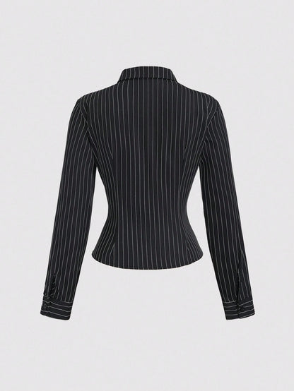 Sweetra Fashionable Contrast Color Textured Button Fitted Waist Flattering Striped Collar Long Sleeve Blouse For Women Fall Cloth For Women