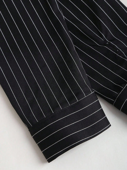 Sweetra Fashionable Contrast Color Textured Button Fitted Waist Flattering Striped Collar Long Sleeve Blouse For Women Fall Cloth For Women