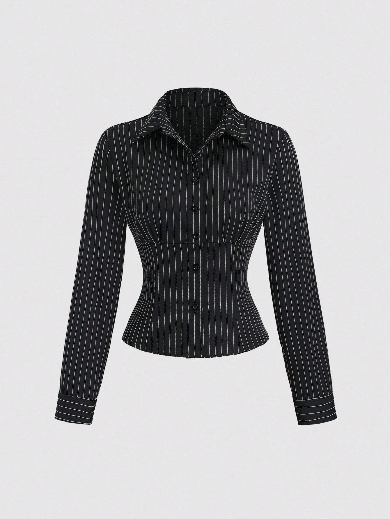 Sweetra Fashionable Contrast Color Textured Button Fitted Waist Flattering Striped Collar Long Sleeve Blouse For Women Fall Cloth For Women