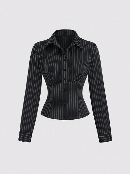 Sweetra Fashionable Contrast Color Textured Button Fitted Waist Flattering Striped Collar Long Sleeve Blouse For Women Fall Cloth For Women