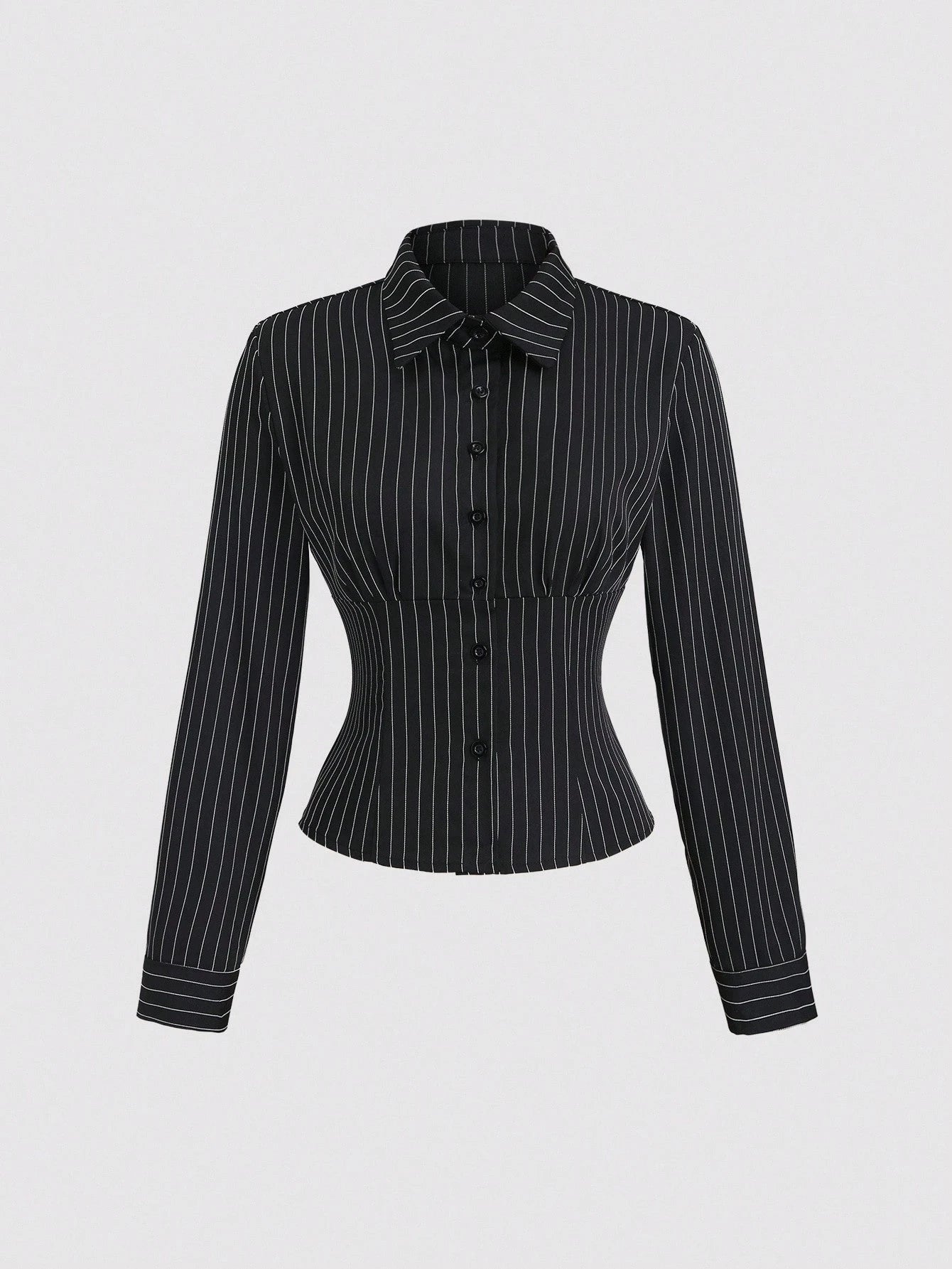 Sweetra Fashionable Contrast Color Textured Button Fitted Waist Flattering Striped Collar Long Sleeve Blouse For Women Fall Cloth For Women
