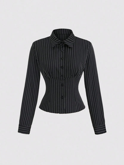Sweetra Fashionable Contrast Color Textured Button Fitted Waist Flattering Striped Collar Long Sleeve Blouse For Women Fall Cloth For Women