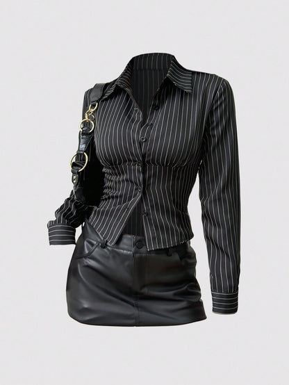Sweetra Fashionable Contrast Color Textured Button Fitted Waist Flattering Striped Collar Long Sleeve Blouse For Women Fall Cloth For Women