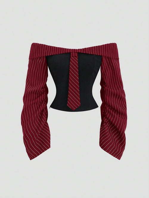 Sweetra Gothic Style Asymmetrical Ruffle Long Sleeve Off-Shoulder Sexy Slim Fit Party Blouse For Women, Autumn