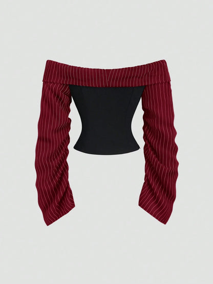 Sweetra Gothic Style Asymmetrical Ruffle Long Sleeve Off-Shoulder Sexy Slim Fit Party Blouse For Women, Autumn