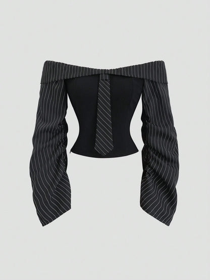Sweetra Gothic Style Asymmetrical Ruffle Long Sleeve Off-Shoulder Sexy Slim Fit Party Blouse For Women, Autumn