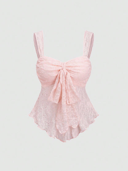 Sweetra New Spring/Summer Wide Strap Bow Textured Fabric Top, Sweet & Fashionable, Suitable For Daily Wear
